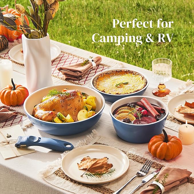 Redchef 16pcs Ceramic Nonstick Pots and Pans Set, Kitchen Cookware Set with Removable Handle, Non Toxic Cookware Set, PFAS PFOA & PTFE Free, RV Ceramic Cookware for Camping, Dishwasher/Oven Safe