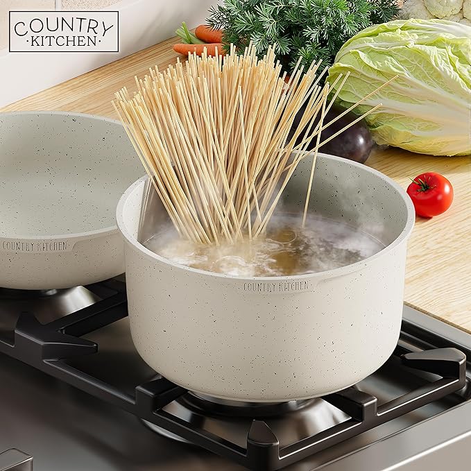 Country Kitchen Cookware Set with Removable Handle, Oven & RV Safe Pots and Pans Set, Cream, Original