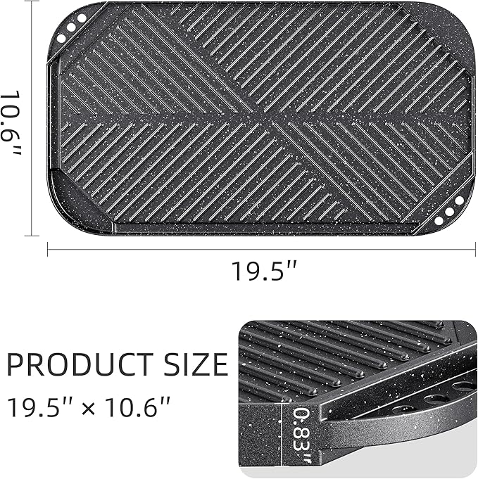Caannasweis Nonstick Griddle Grill Pan, 19.5" x 11" Reversible Griddle Pan for Stove Top, Grill, or Campfire, Two Burner Cast Aluminum Grill, Rectangular Baking Flat and Ribbed Griddle Plate