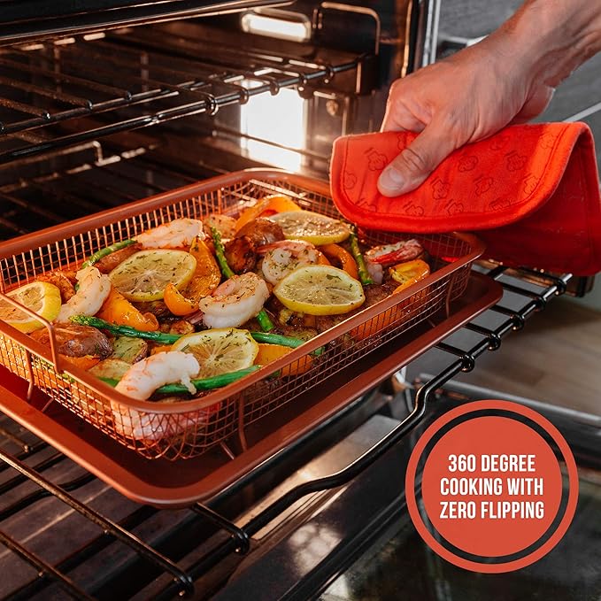 Chef Pomodoro Air Fryer Tray for Oven, Copper Crisper Tray, Air Fryer Pans for Toaster Oven, Air Fryer Basket and Tray 2-Piece Set, Air Fryer Baking Pan, Air Fryer basket for Oven (Rectangle)