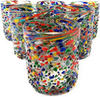 Hand Blown Mexican Drinking Glasses – Set of 6 Confetti Rock Tumbler Glasses (10 oz each)