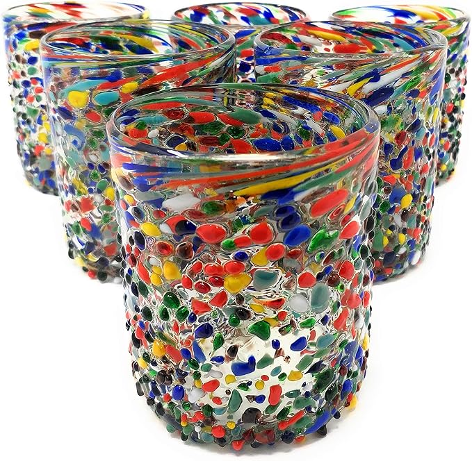 Hand Blown Mexican Drinking Glasses – Set of 6 Confetti Rock Tumbler Glasses (10 oz each)