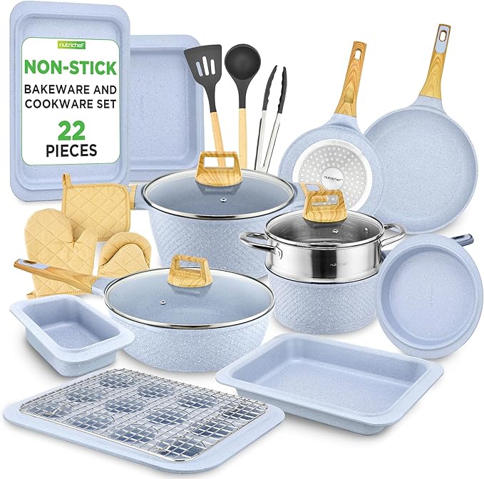 NutriChef 22‑Piece Non‑Stick Ceramic Pots and Pans Set – For All Cooktops Including Induction – PTFE & PFAS Free, Includes Bakeware & Utensils