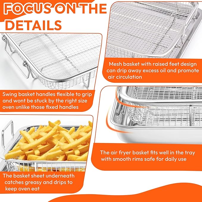 18.7" X 12.8" Extra Large Air Fryer Basket for Oven, Oven Air Fryer Basket and Tray Set With 30PCS Parchment Papers, Stainless Steel Air Fryer Pan and Crisper Tray for Frying Baking