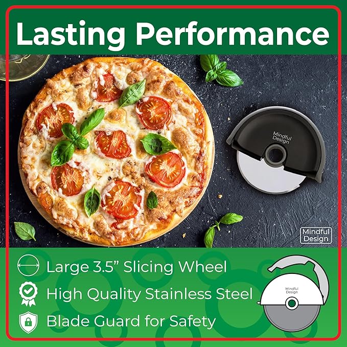 Mindful Design Pizza Cutter Wheel with Protective Blade Cover, Easy to Clean and Dishwasher Safe Handheld Pizza Slicer