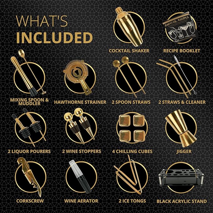 Mixology Bartender Kit – 24 Piece Gold Cocktail Shaker Set w/Stand – Essential Home Bar Accessories Martini Shaker, Jigger, Muddler, Chilling Cubes & More