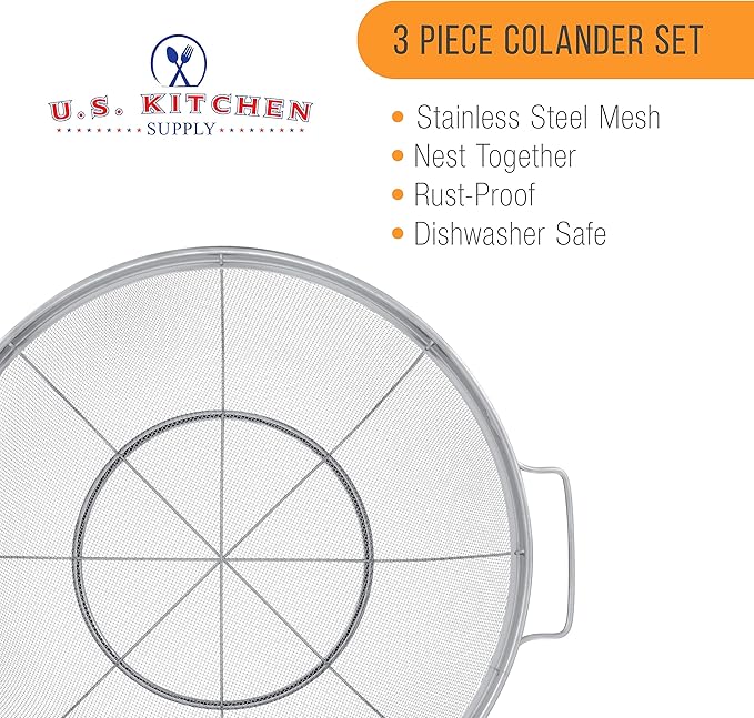 U.S. Kitchen Supply Set of 3 Stainless Steel Colander Strainers Net Baskets 5, 4, & 3-Quart - Colander with Handles & Resting Base - Stainless Steel Sieve, Mesh Strainers and Colanders for Kitchen