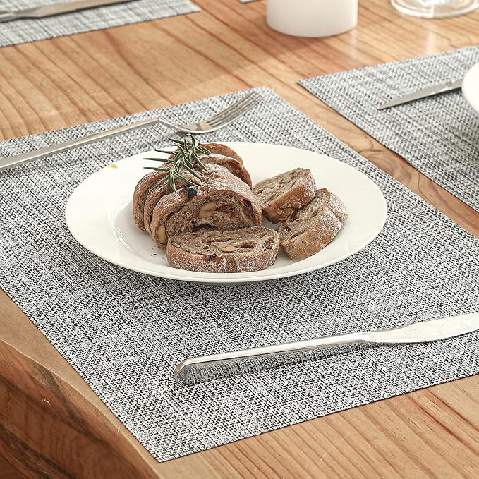 Leetaltree Linen Grey Placemats Set of 8 - Heat Resistant Non-Slip Place mats for Dining Table, Washable Durable PVC Vinyl Woven Table Mats（Linen Grey, 8）