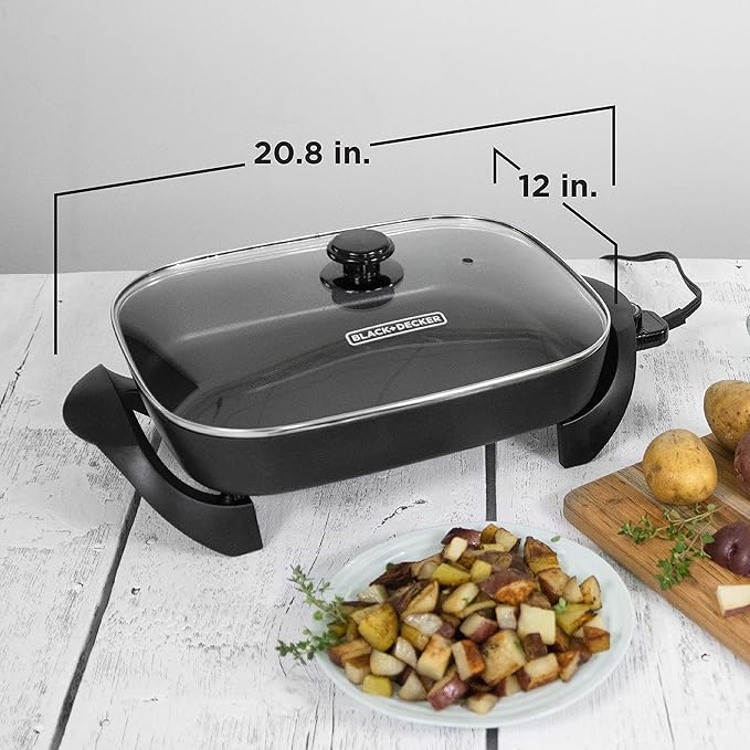 BLACK+DECKER Electric Skillet, Variable Temperature Control, Nonstick Cooking Surface, Dishwasher Safe, Tempered Glass Lid, 12"x15"