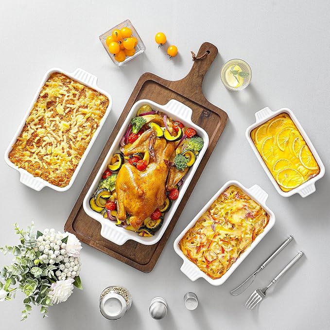 MALACASA Casserole Dishes for Oven, Porcelain Baking Dishes, Ceramic Bakeware Sets of 4, Rectangular Lasagna Pans Deep with Handles for Baking Cake Kitchen, White (9.4"/11.1"/12.2"/14.7"), Series