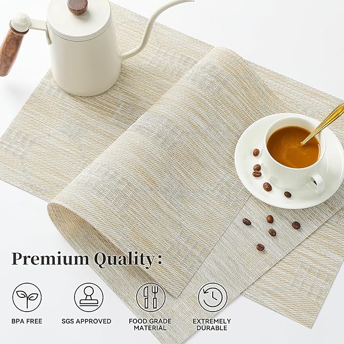Leetaltree Wheat Placemats Set of 8 - Heat Resistant Non-Slip Place mats for Dining Table, Washable Durable PVC Vinyl Woven Table Mats（Wheat, 8）