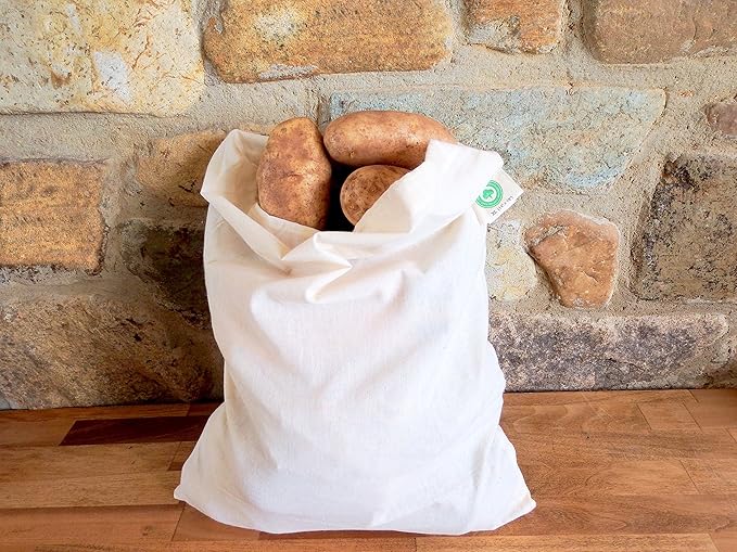 Potato Storage Bags for Pantry - Organic Cotton Potato Sacks - Washable Potato Keeper & Potato Holder with Drawstring - Root Vegetable Storage Sacks for Onion, Potato, Garlic (3 X Large - 14"x18")