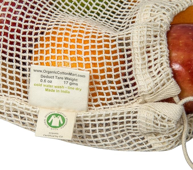 Reusable Mesh Produce Bags made from 100% Organic Cotton - 12"x10", Perfect Reusable Net Vegetable Bags - Washable Fruit, Vegetable & Produce Sacks (3 Medium)