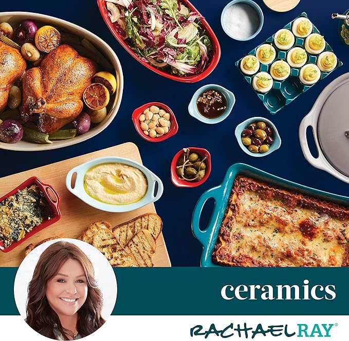 Rachael Ray Solid Glaze Ceramics Casserole Bakeware/Baker Set with Shared Lid, 3 Piece, Agave Blue
