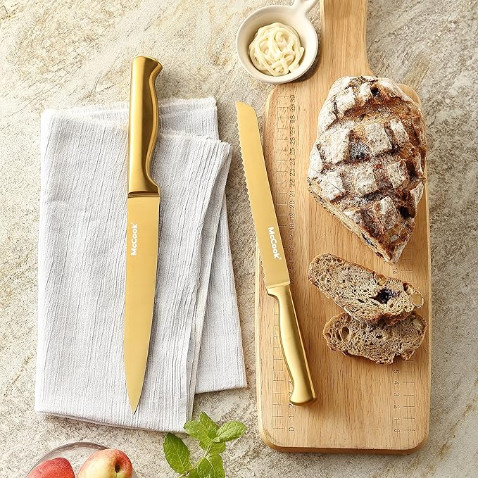 McCook® Knife Sets, Golden Titanium Stainless Steel Kitchen Knife Block Sets with Built-in Sharpener