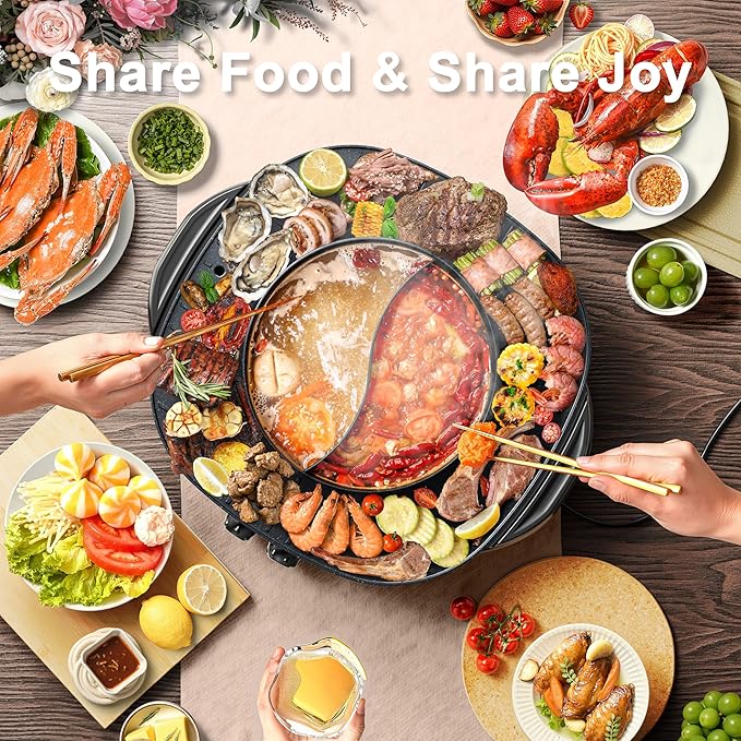 Stariver Hot Pot Electric with Grill 2 in 1, Indoor Korean BBQ & Shabu Shabu, Features Easy-clean Non-stick Coating, Dual Controls, 1800W Fast Heating, Perfect for Family Gatherings or Friends Parties