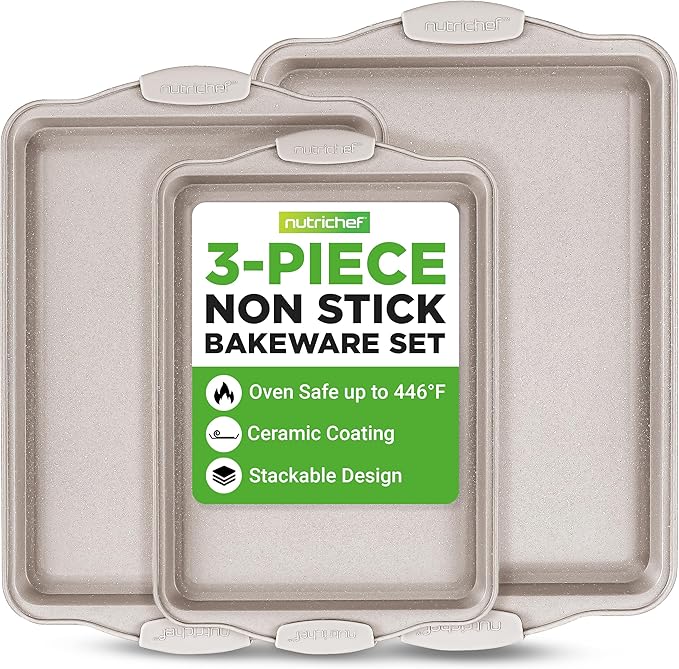 NutriChef 3 Piece Nonstick Cookie Sheets for Baking - Premium Carbon Steel Baking Pans with Black Silicone Handles - Even Heat Distribution, PFOA/PFOS/PTFE Free, Easy to Clean - Cream Marble, NCBKT3CM
