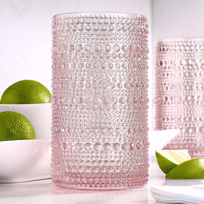 Glaver's Hobnail Drinking Glasses, Pink Vintage Glassware Set, Beaded Drinking Glasses, Set Of 4 15 oz Cocktail Glass Set, Bubble Glasses, For Everyday Usage