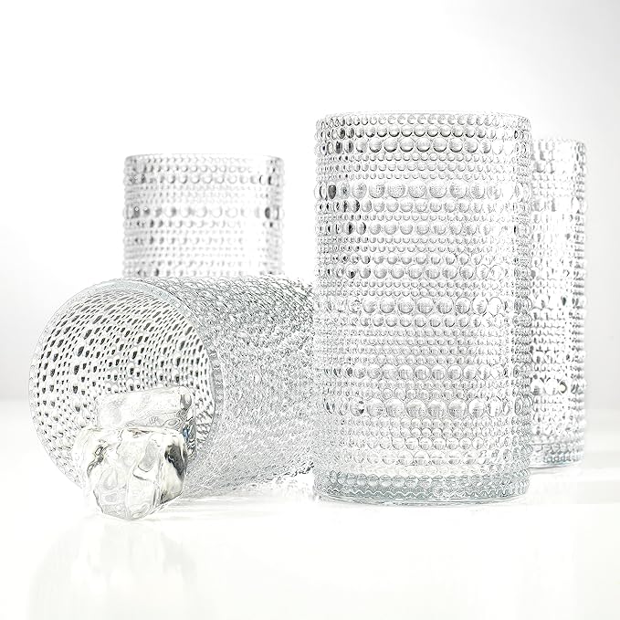 Glaver's Hobnail Drinking Glasses, Set of 4 Clear Vintage Beaded Glass Cups, 15 Oz. Cocktail Drinking Glassware Set, For Water Juice, Smoothies. Home, Dinner, Bar uses.