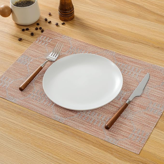 Leetaltree Coral Placemats Set of 6 - Heat Resistant Non-Slip Place mats for Dining Table, Washable Durable PVC Vinyl Woven Table Mats（Coral, 6）