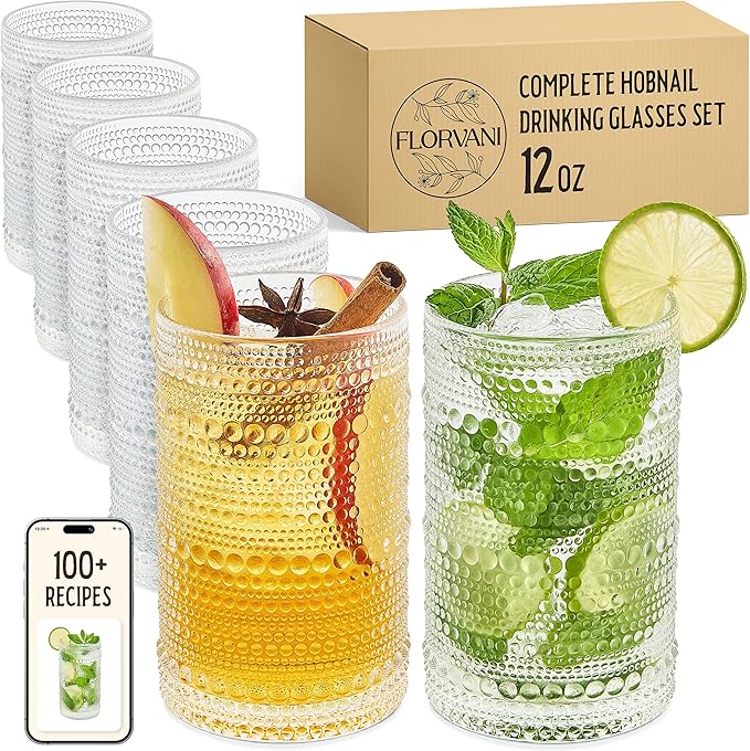12 Oz Hobnail Drinking Glasses Set of 6 - Clear Multipurpose Glassware Sets, Decorative & Stylish Glasses Drinking Set for Bar, Kitchen, Cocktail Glassware, Garden - Home, Dining, & Kitchen