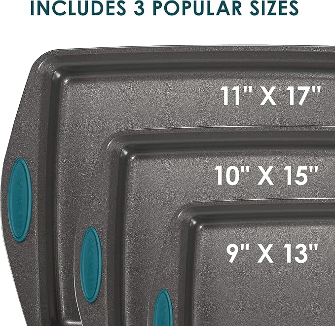 Rachael Ray Bakeware Nonstick Cookie Pan Set, 3-Piece, Gray with Marine Blue Grips