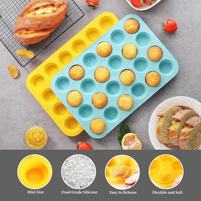 VRUIFA 2PCS Silicone Mini Muffin Pan, 24 Cups Nonstick Mini Cupcake Pan for Baking, BPA Free and Dishwasher Safe, Great for Making Muffin Cakes, Tart, Bread and Egg Bites