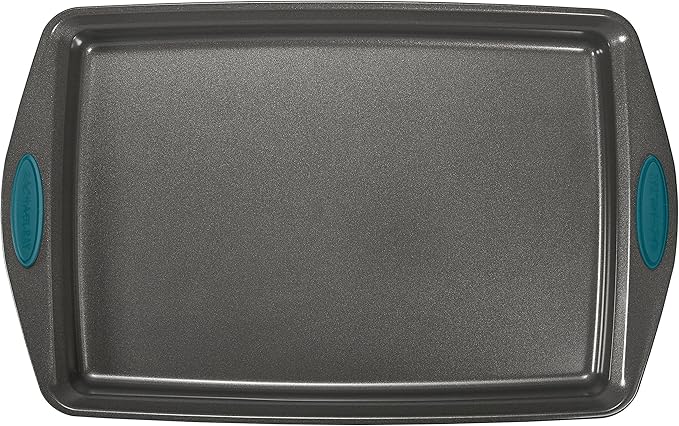 Rachael Ray Bakeware Nonstick Cookie Pan Set, 3-Piece, Gray with Marine Blue Grips