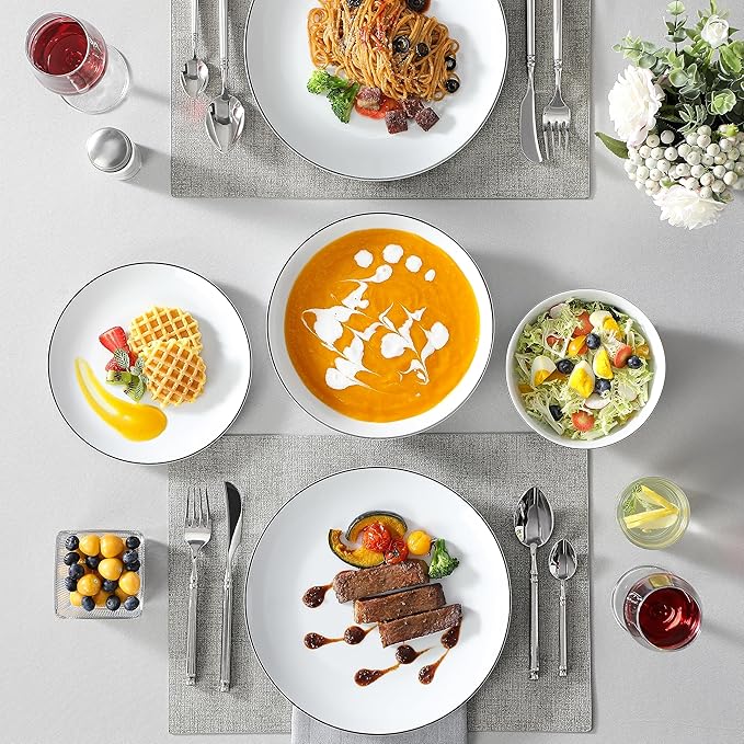 MALACASA 24-Piece Gourmet Porcelain Dinnerware Sets, Modern White with Black Rim Round Dish Set for 6 - Premium Serving Plates and Bowls Sets for Dessert, Salad, Soup, Pasta - Series AMELIA