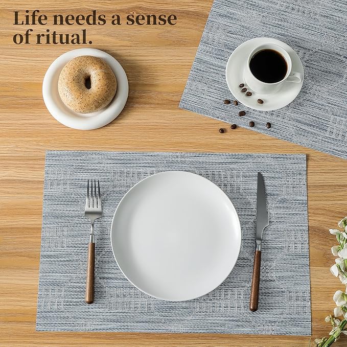 Leetaltree Alice Blue Placemats Set of 6 - Heat Resistant Non-Slip Place mats for Dining Table, Washable Durable PVC Vinyl Woven Table Mats（Jacquard Blue, 6）