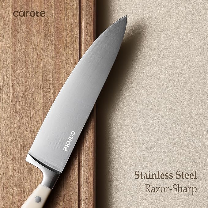 CAROTE 14 Pieces Knife Set with Block, Forged, High Carbon Stainless Steel Sharp Blade Block Knife Set, Dishwasher Safe Cutlery, Cream