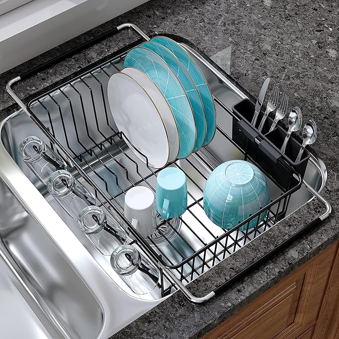 Dish Drying Rack Over the Sink In Stainless Steel Black Expandable Drainer for Small Kitchen, Counter Space Saving Compact Inside Sink Plate Dryer, Adjustable Hanging Metal Wire Strainer Drain Holder