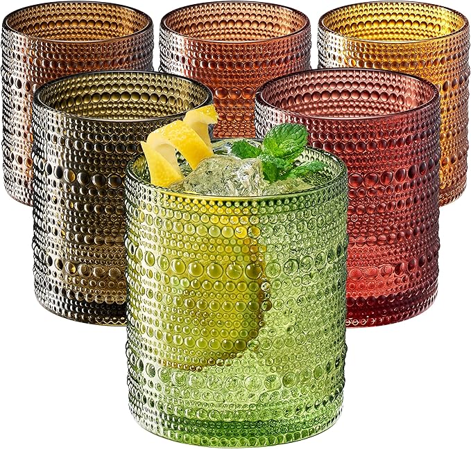 Hobnail Beaded Highball Drinking Tumbler Glasses | Set of 6 | Color, Vintage Bubble Design Whiskey Glassware, Old-Fashioned, Embossed Design for Water, Wine, Cocktail Embossed Heavy Glas, Rocks Glass