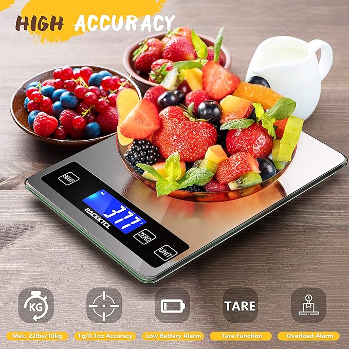 BACK KTCL''Cooking Master' 22lb Digital Kitchen Scale,Food Scale Measures in Grams and Ounces for Weight Cooking Baking,1g/0.1oz Precise Graduation,Stainless Steel and Tempered Glass