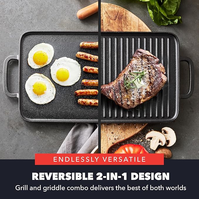 GreenPan x Bobby Flay Cast Iron Pre-Seasoned 16.5 x 9.5” Reversible Double Burner Griddle, Rectangular Grill, Helper Handles, Induction, Versatile Stovetop Oven BBQ & Fire, Indoor & Outdoor Use, Black